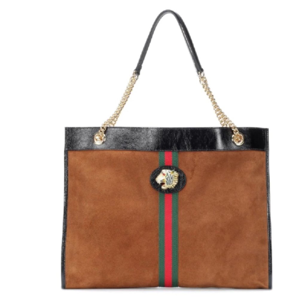 Gucci Rajah Brown Suede Web Stripe Tiger Large Lea